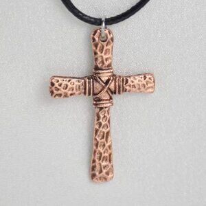Copper Cross Necklace, Hammered Copper Metal Wrapped in Copper Wire Black Cord